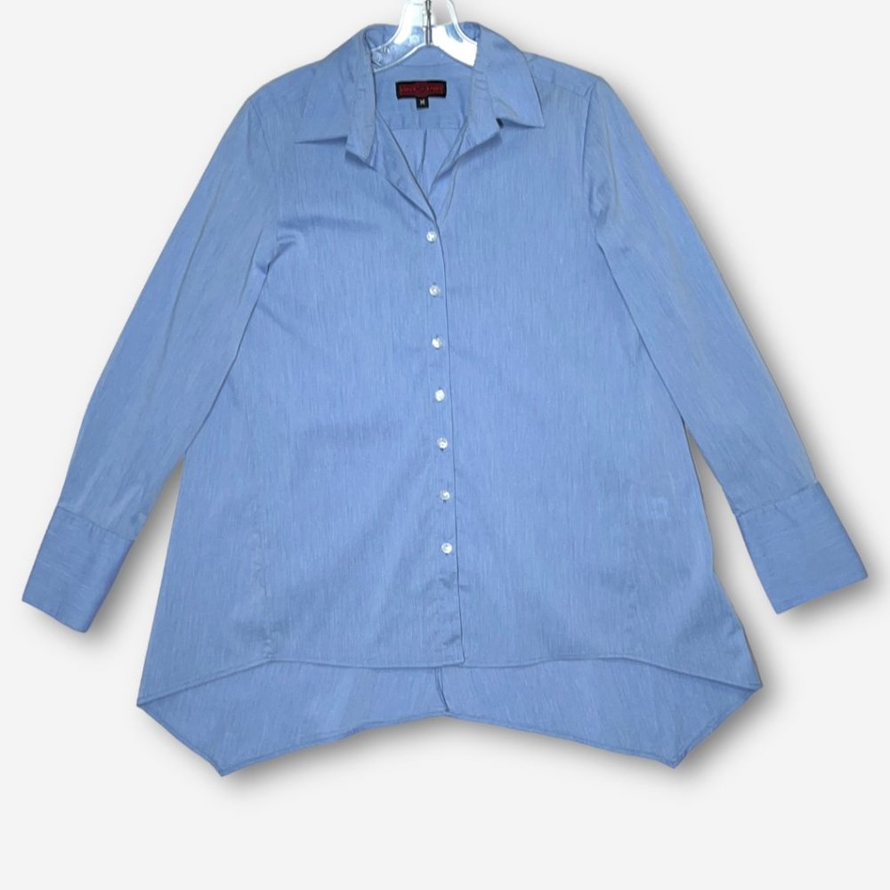 Krazy Larry Women's Tunic Shirt Blouse M Denim Blue Hi-Low Hem & Turn Back Cuffs